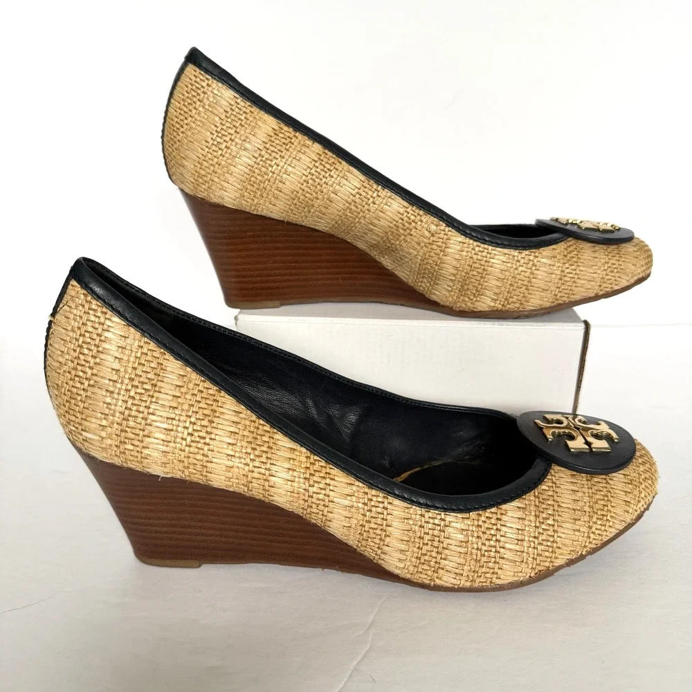 Tory Burch Sally Raffia Wedge Heel Shoes Size 11 Black Leather Lg Logo Career